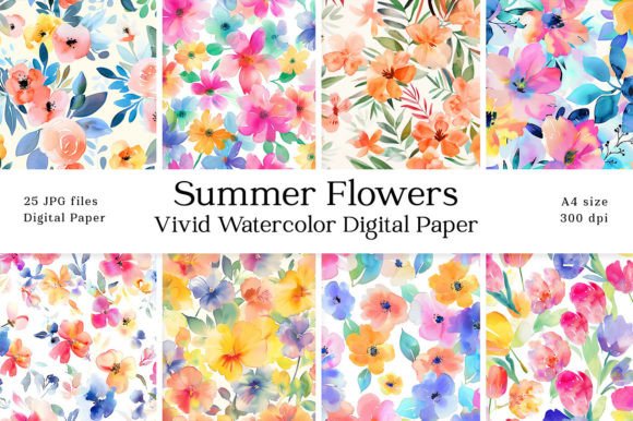 Download Summer Flowers Watercolor Digital Paper - Summer flower Collection
