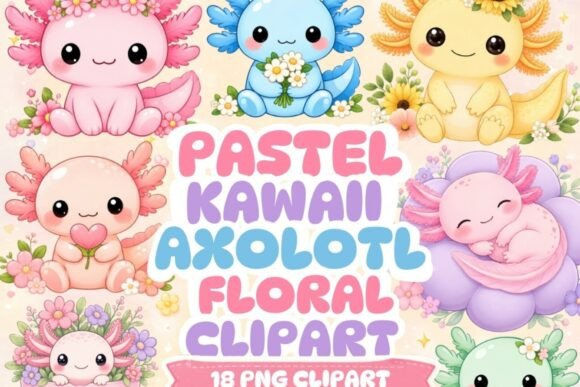 Download Pastel Kawaii Axolotl Floral Clipart - Premium Resources