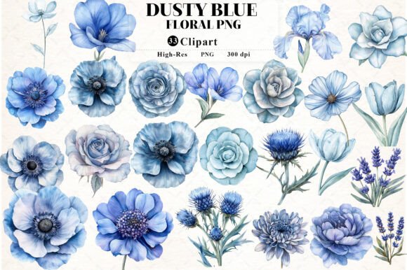 Download Dusty Blue Watercolor Floral Clipart - Floral clipart Collection
