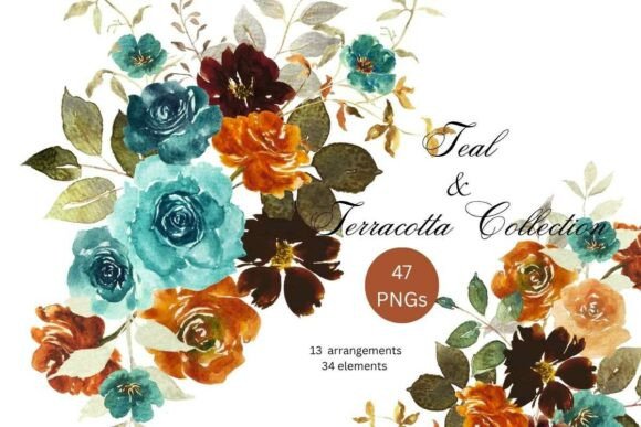 Download Teal &amp; Terracotta Watercolor Floral PNG - Terracotta watercolor Collection